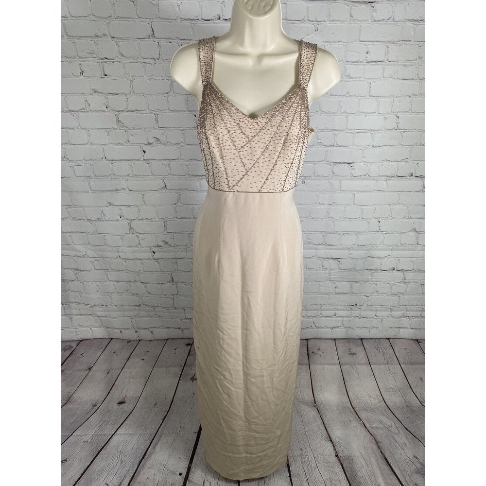 VTG Montage By Mon Cheri Champagne Beaded Long Sleeveless Sheath Dress 4
